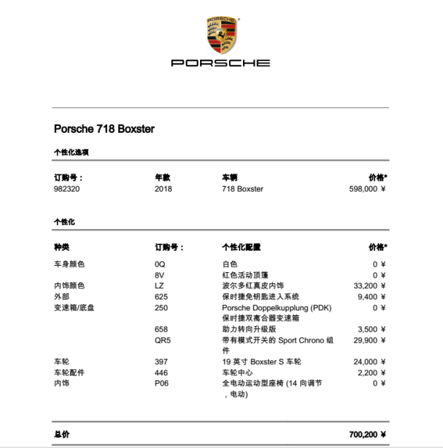 保时捷718零件价目表图片